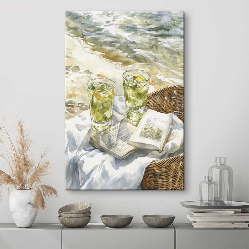 Watercolor painting of two glasses of ice tea and a book on a blanket on a beach