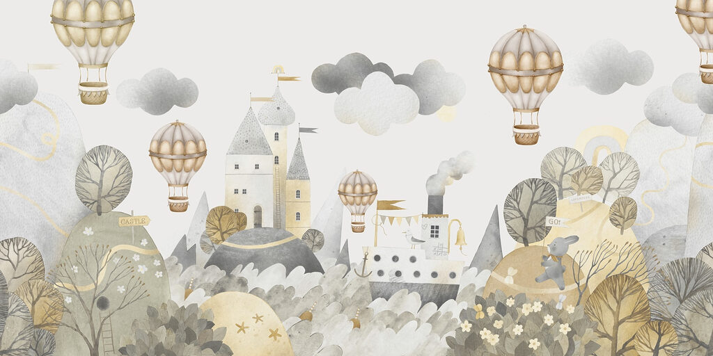 Акварельний живопис замку та повітряні кулі Акварельний живопис замку та повітряні кулі