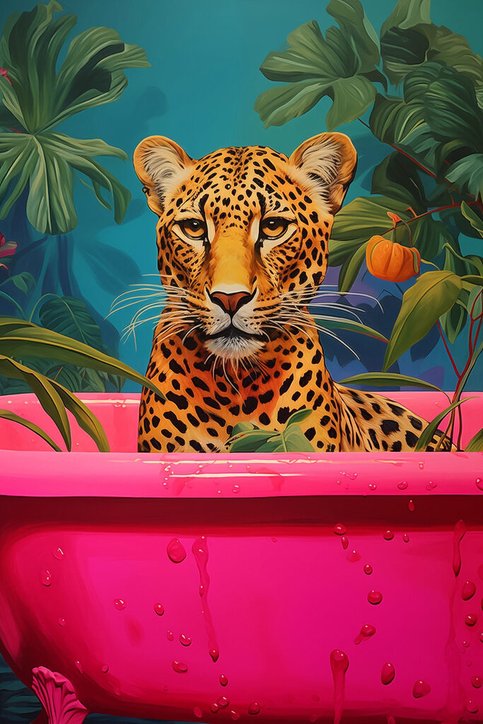 Cheetah in a pink tub with plants