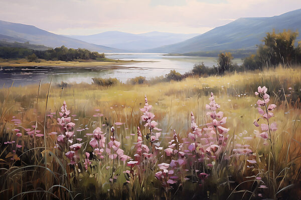 Field of flowers by a lake Field of flowers by a lake