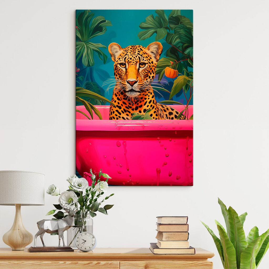 Cheetah in a pink tub with plants