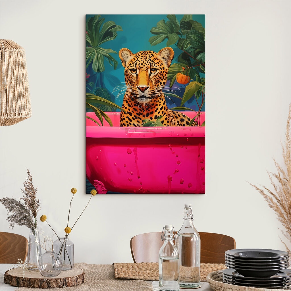 Cheetah in a pink tub with plants