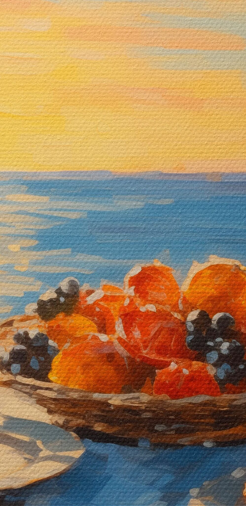 Painting of a basket of fruit on a table with a glass of wine Painting of a basket of fruit on a table with a glass of wine