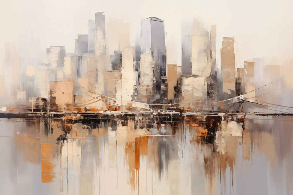 Painting of a city with a bridge over water Painting of a city with a bridge over water