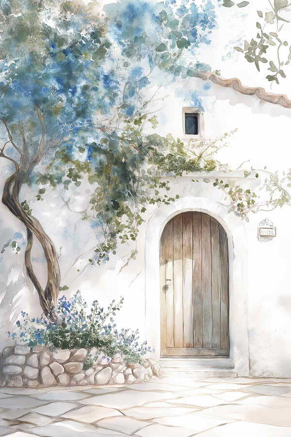 Painting of a door and a tree on a wall Painting of a door and a tree on a wall