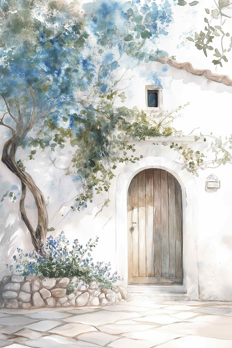 Painting of a door and a tree on a wall Painting of a door and a tree on a wall