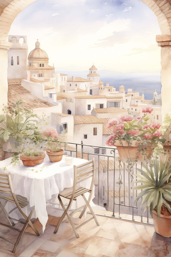 Watercolor painting of a table and chairs on a balcony overlooking a city
