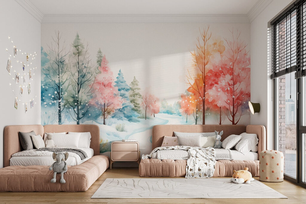 Watercolor painting of a snowy road with trees