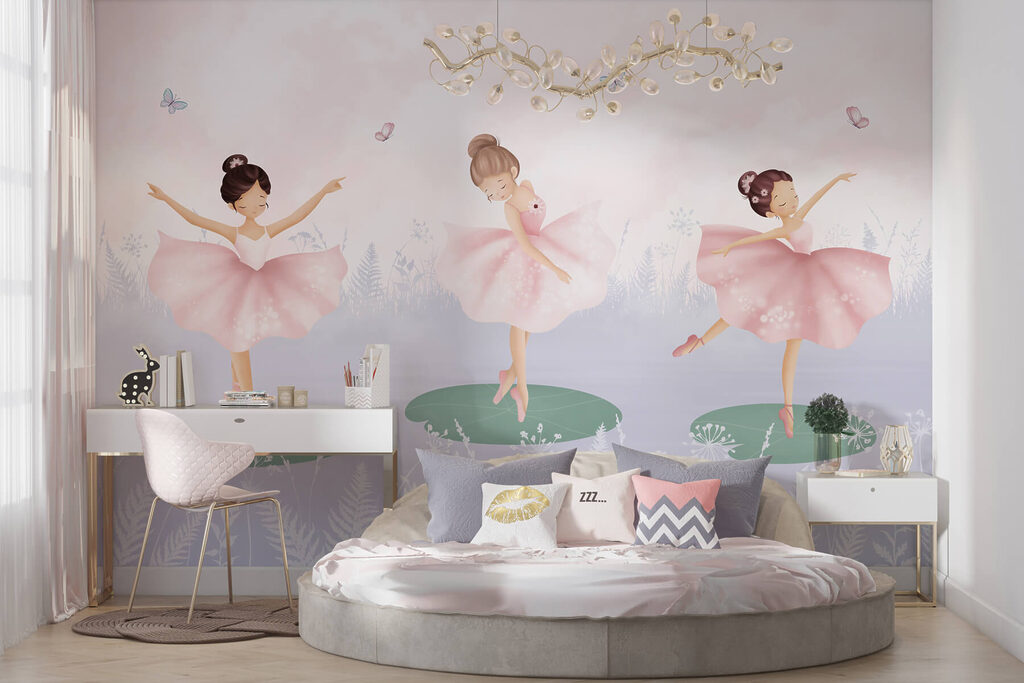 Group of girls in tutu skirts dancing on lily pads