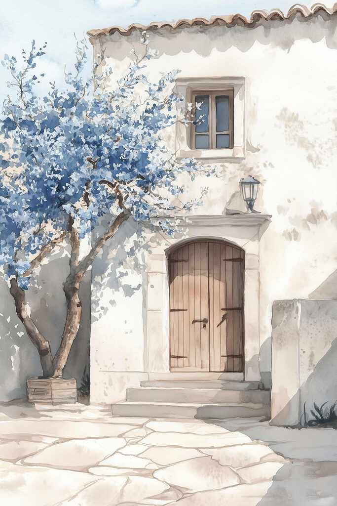 Watercolor painting of a house with a tree and a door Watercolor painting of a house with a tree and a door