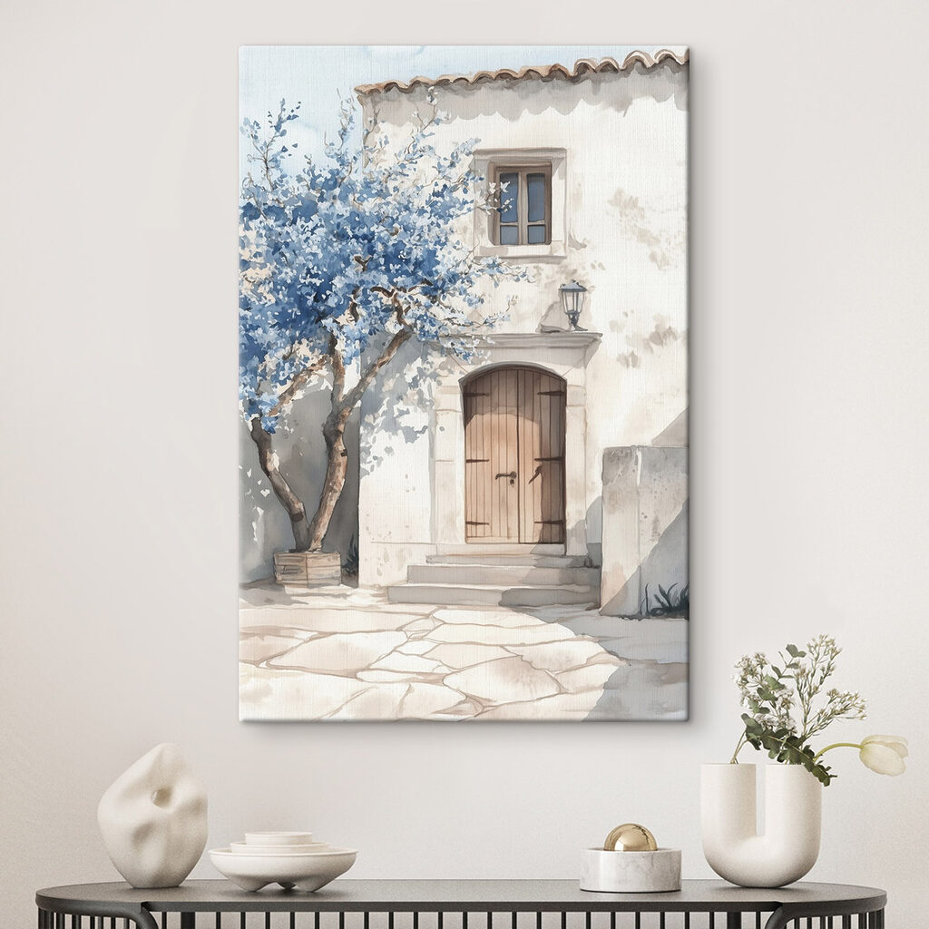 Watercolor painting of a house with a tree and a door Watercolor painting of a house with a tree and a door