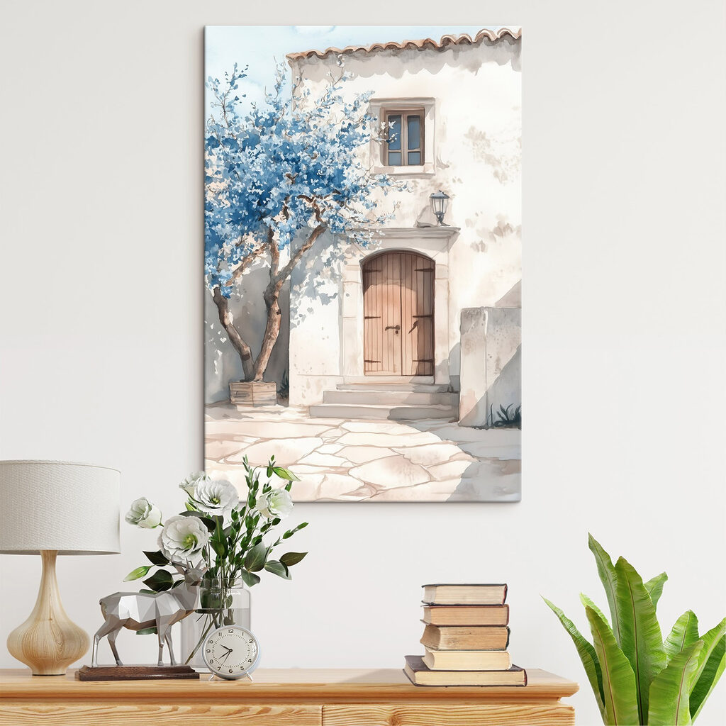 Watercolor painting of a house with a tree and a door Watercolor painting of a house with a tree and a door
