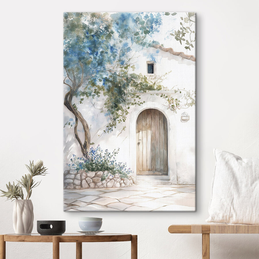 Painting of a door and a tree on a wall Painting of a door and a tree on a wall