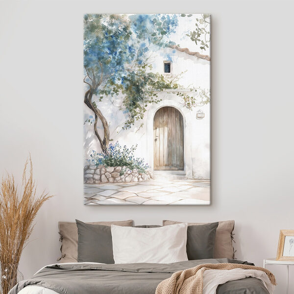 Painting of a door and a tree on a wall Painting of a door and a tree on a wall