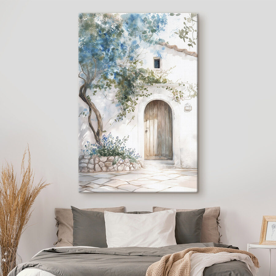Painting of a door and a tree on a wall Painting of a door and a tree on a wall