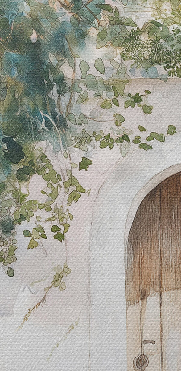 Painting of a door and a tree on a wall Painting of a door and a tree on a wall