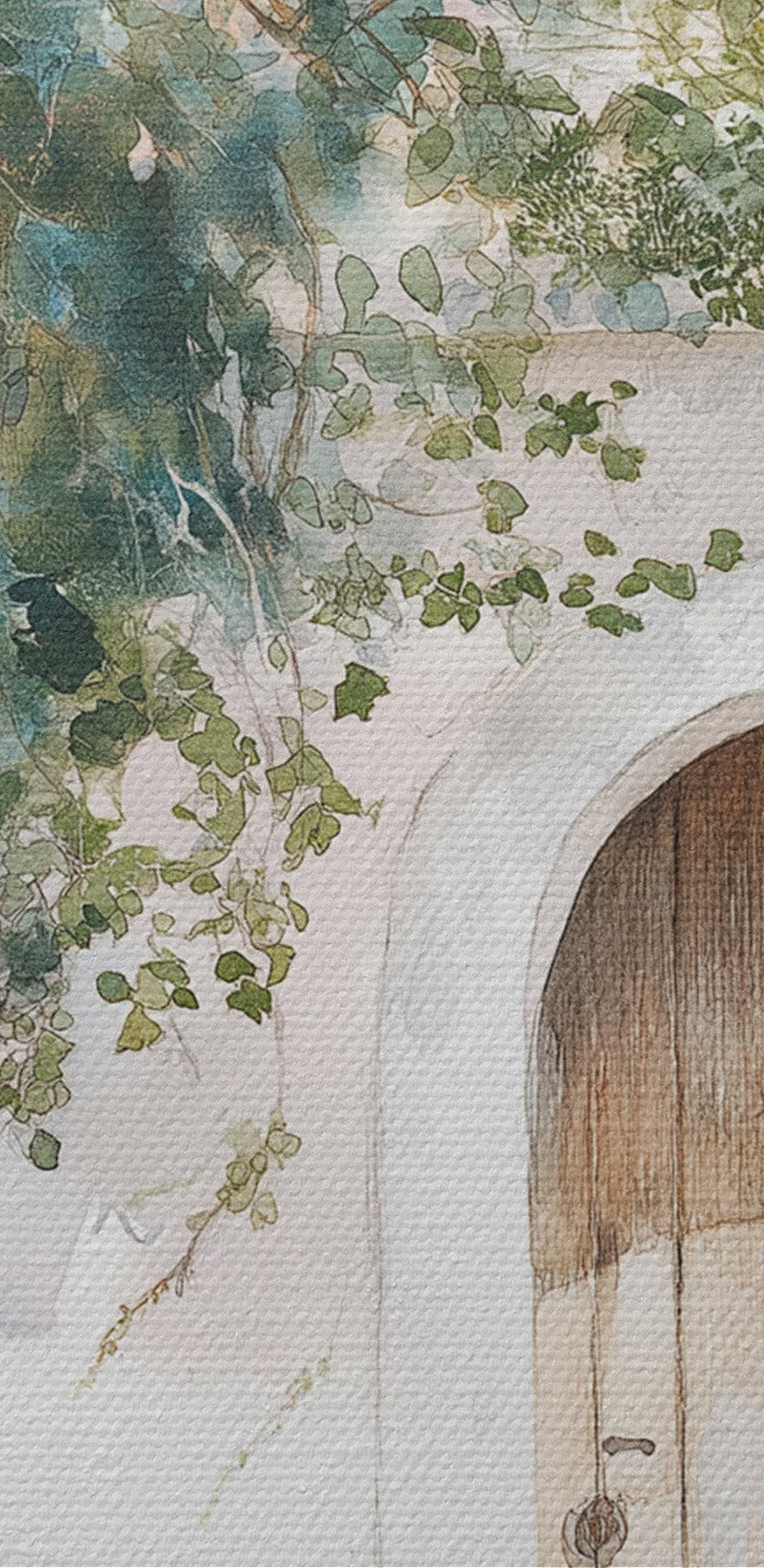 Painting of a door and a tree on a wall Painting of a door and a tree on a wall