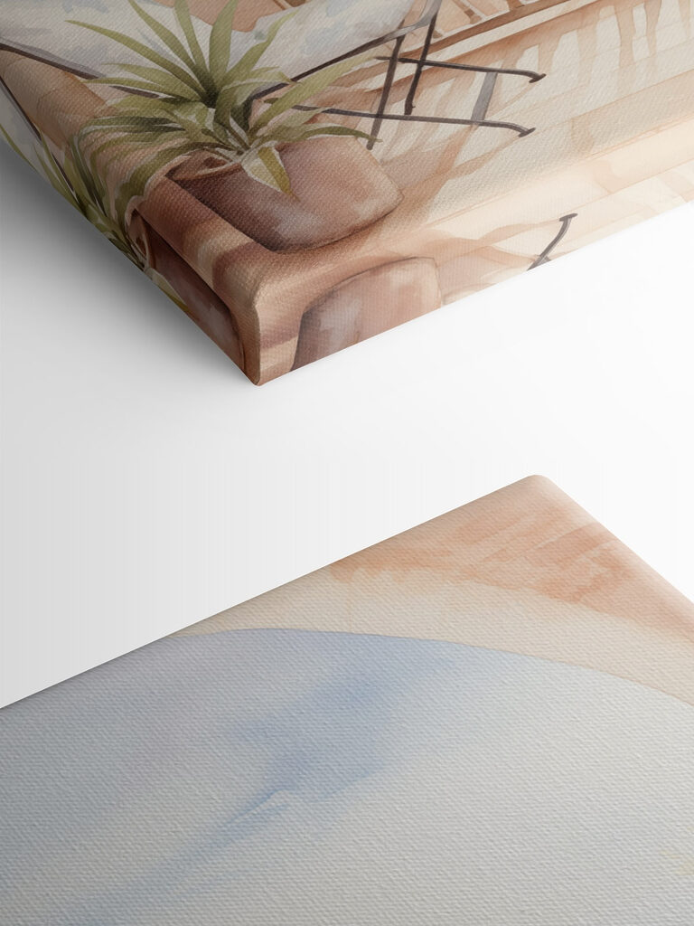 Watercolor painting of a balcony with a view of a city