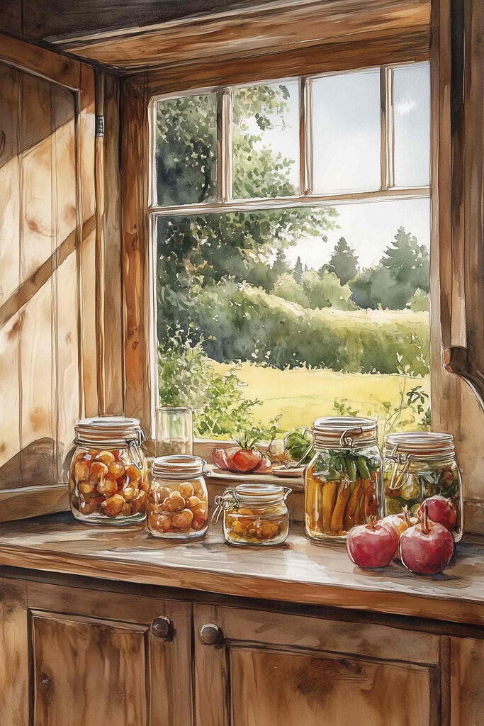 Watercolor of jars of food on a window sill Watercolor of jars of food on a window sill