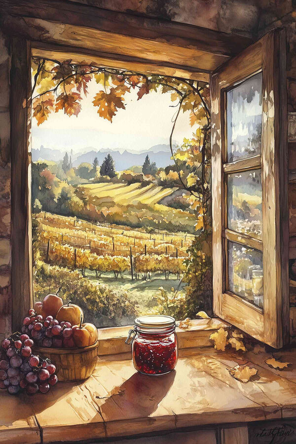 Window with a view of a vineyard and a jar of jam Window with a view of a vineyard and a jar of jam
