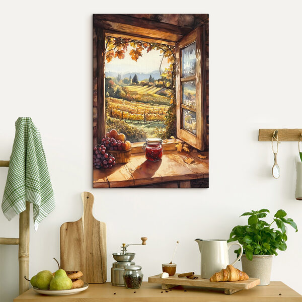 Window with a view of a vineyard and a jar of jam Window with a view of a vineyard and a jar of jam