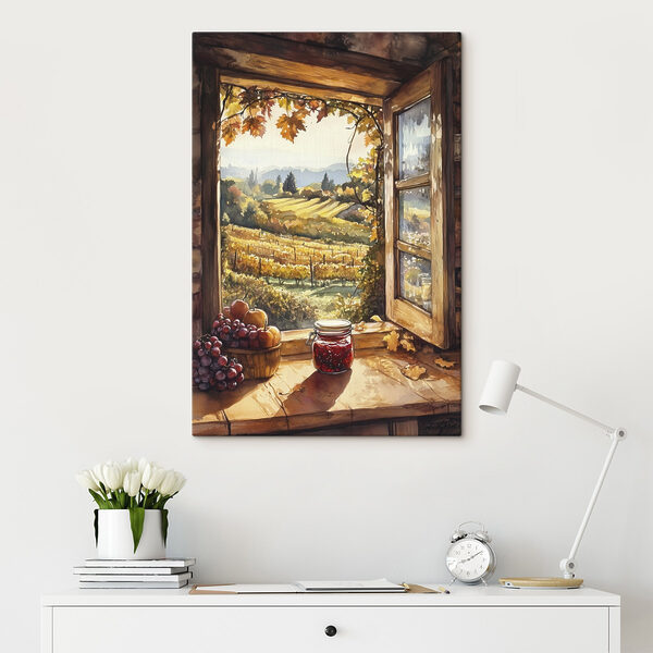 Window with a view of a vineyard and a jar of jam Window with a view of a vineyard and a jar of jam