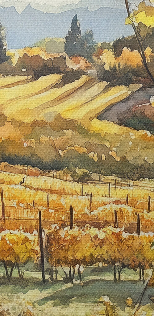 Window with a view of a vineyard and a jar of jam