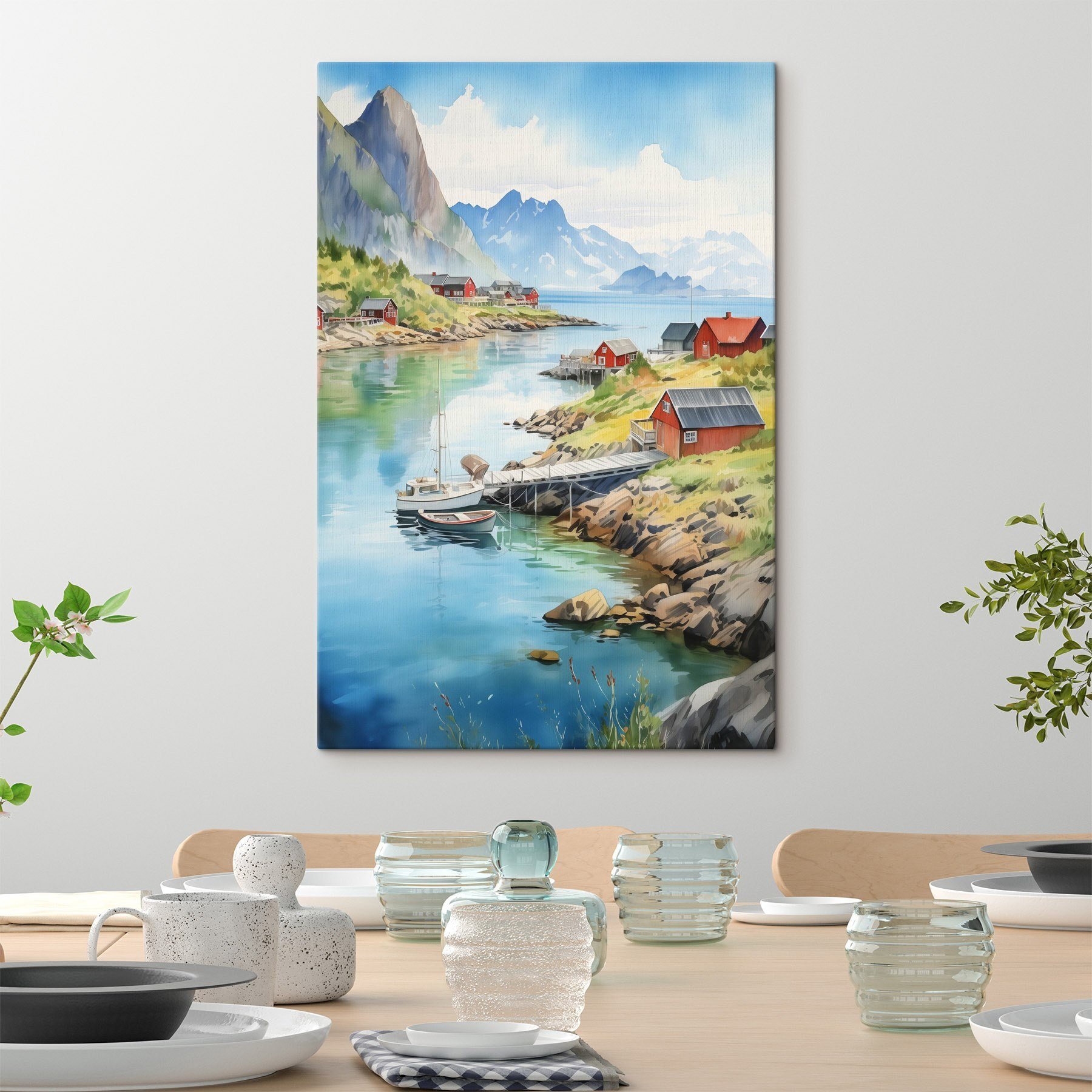 Watercolor of a river with a boat and houses on it