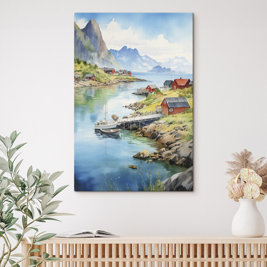 Watercolor of a river with a boat and houses on it