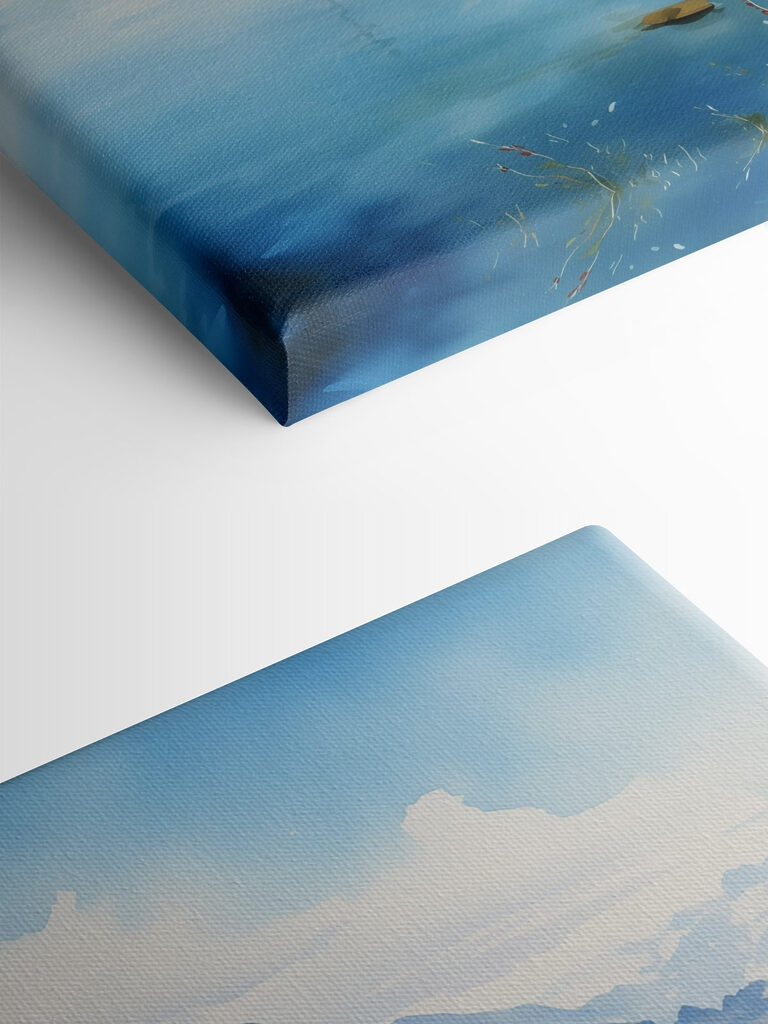 Watercolor of a river with a boat and houses on it