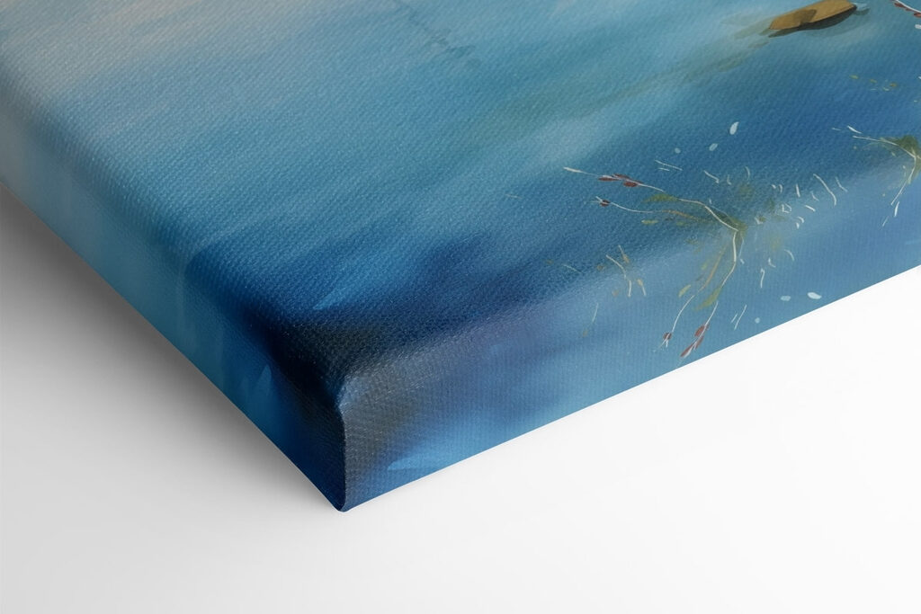 Watercolor of a river with a boat and houses on it