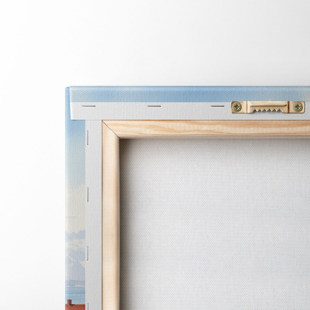 Watercolor of a river with a boat and houses on it