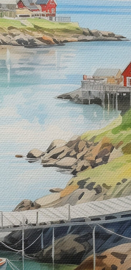 Watercolor of a river with a boat and houses on it