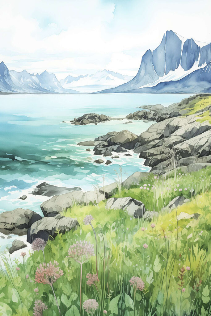 Watercolor painting of a rocky shore with mountains and a blue sky Watercolor painting of a rocky shore with mountains and a blue sky