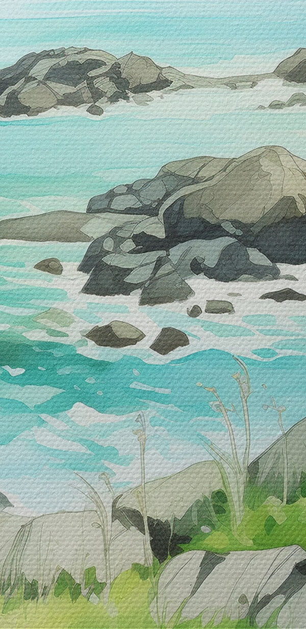 Watercolor painting of a rocky shore with mountains and a blue sky Watercolor painting of a rocky shore with mountains and a blue sky