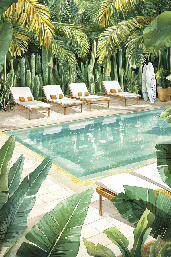 Pool with lounge chairs and surfboards Pool with lounge chairs and surfboards