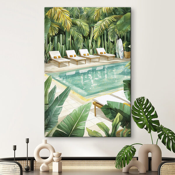Pool with lounge chairs and surfboards Pool with lounge chairs and surfboards