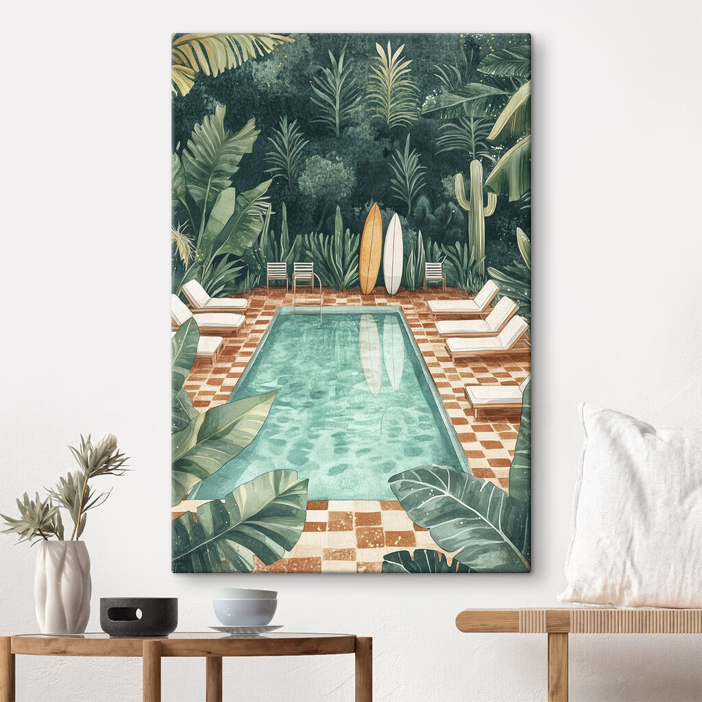 Pool with chairs and surfboards in the middle Pool with chairs and surfboards in the middle