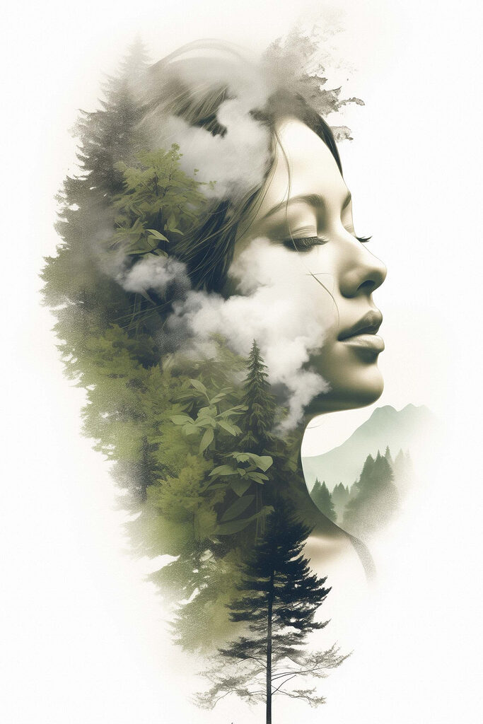 Woman's face with clouds and trees