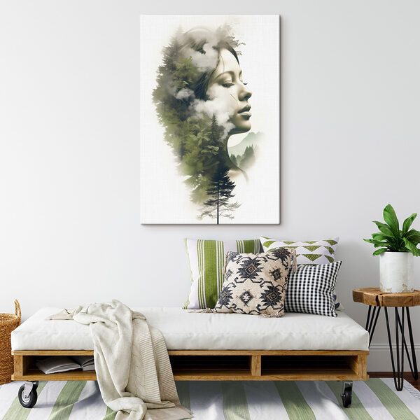 Woman's face with clouds and trees