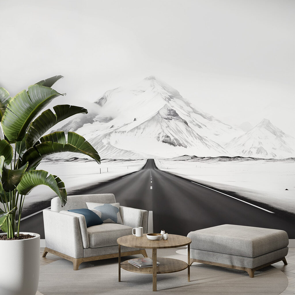 Road leading to a snowy mountain Road leading to a snowy mountain