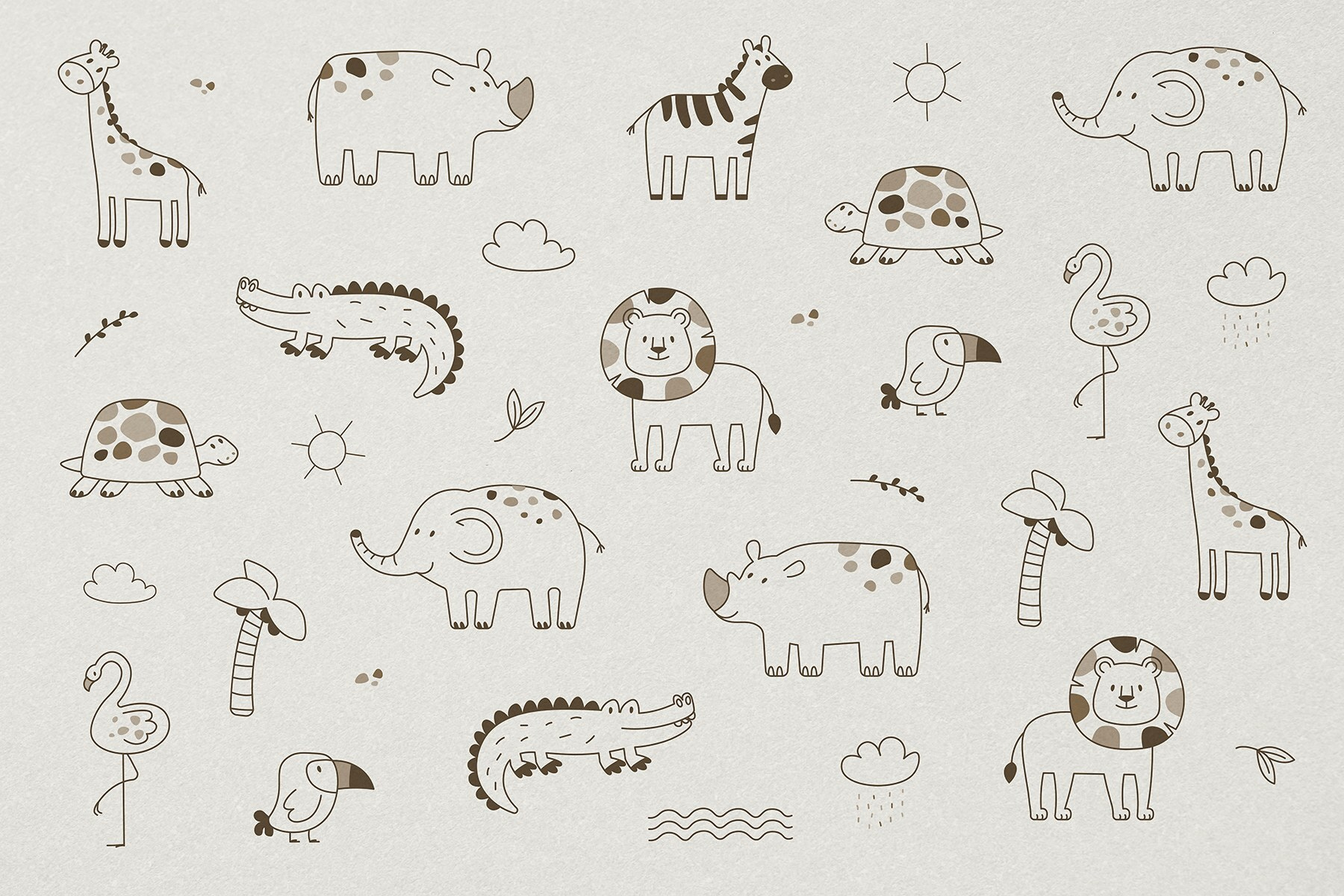 Group of animals drawn on a white surface Group of animals drawn on a white surface