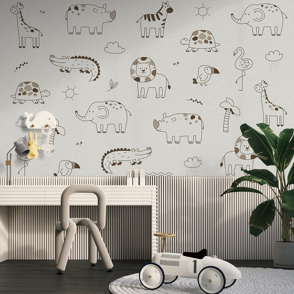 Group of animals drawn on a white surface Group of animals drawn on a white surface