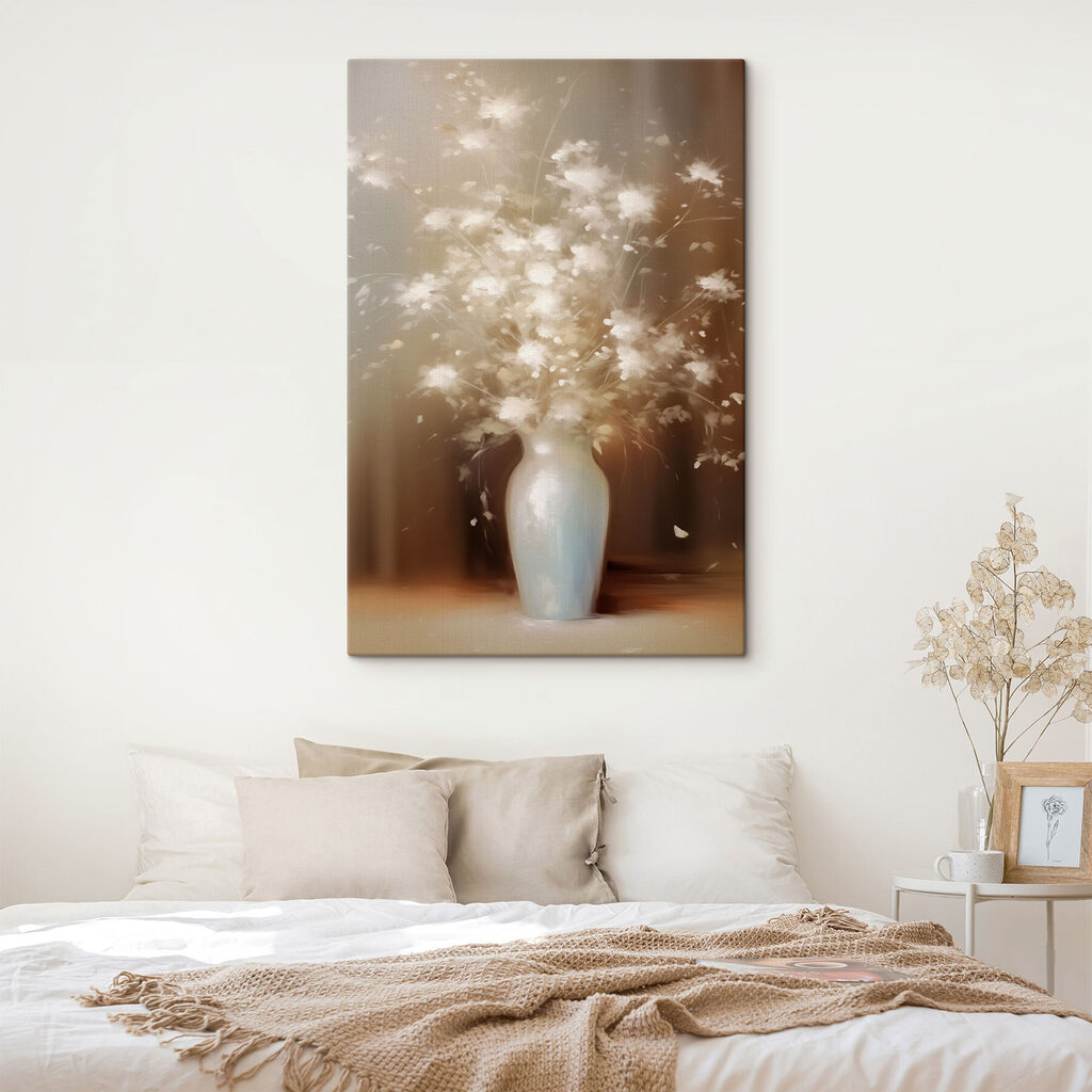 White vase with white flowers