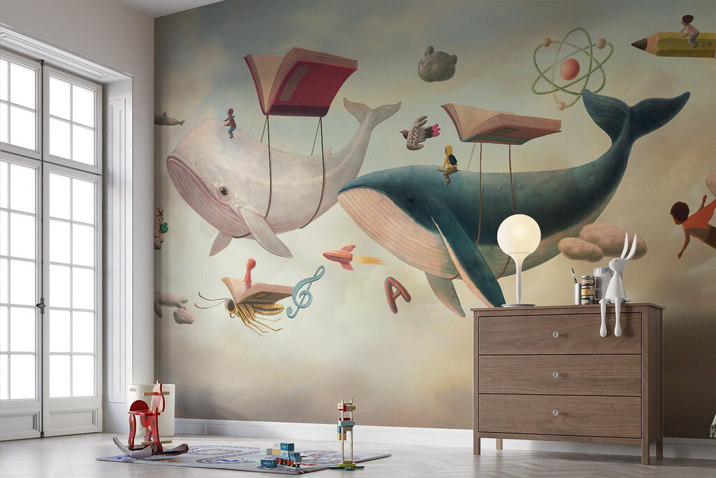 Whale and whale with books and a book on them
