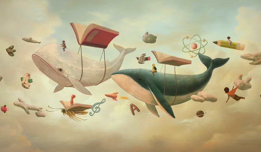 Кит і кит з книжками та книжка на ньому Кит і кит з книжками та книжка на ньому
