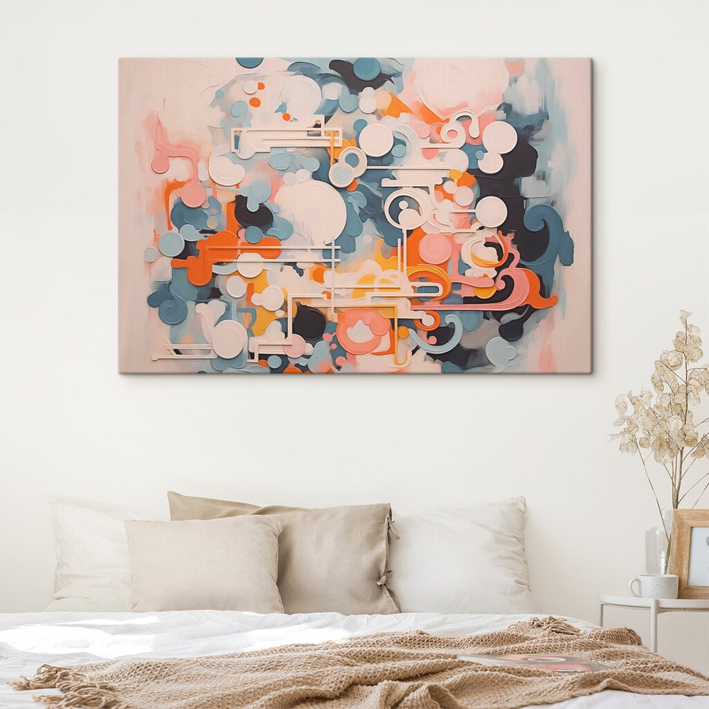 Colorful art piece with white lines and circles Colorful art piece with white lines and circles
