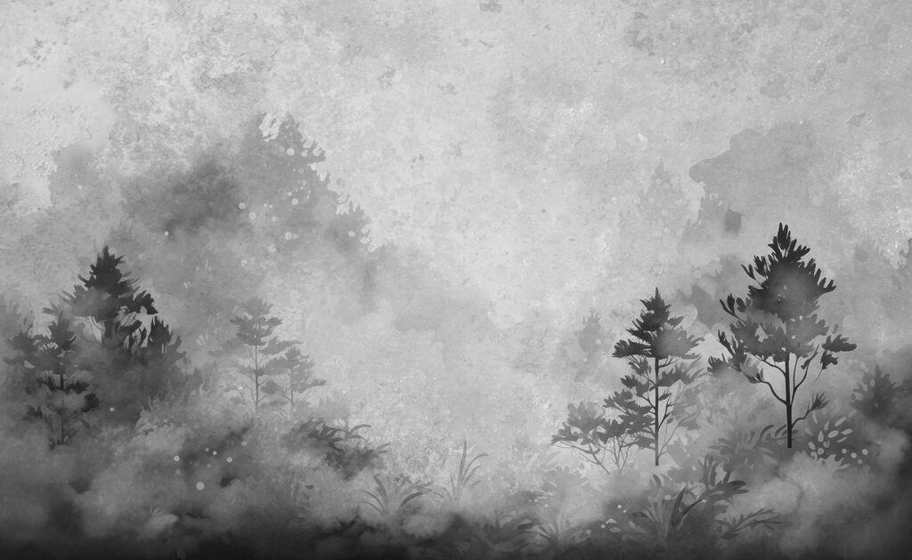 Black and white image of trees and bushes
