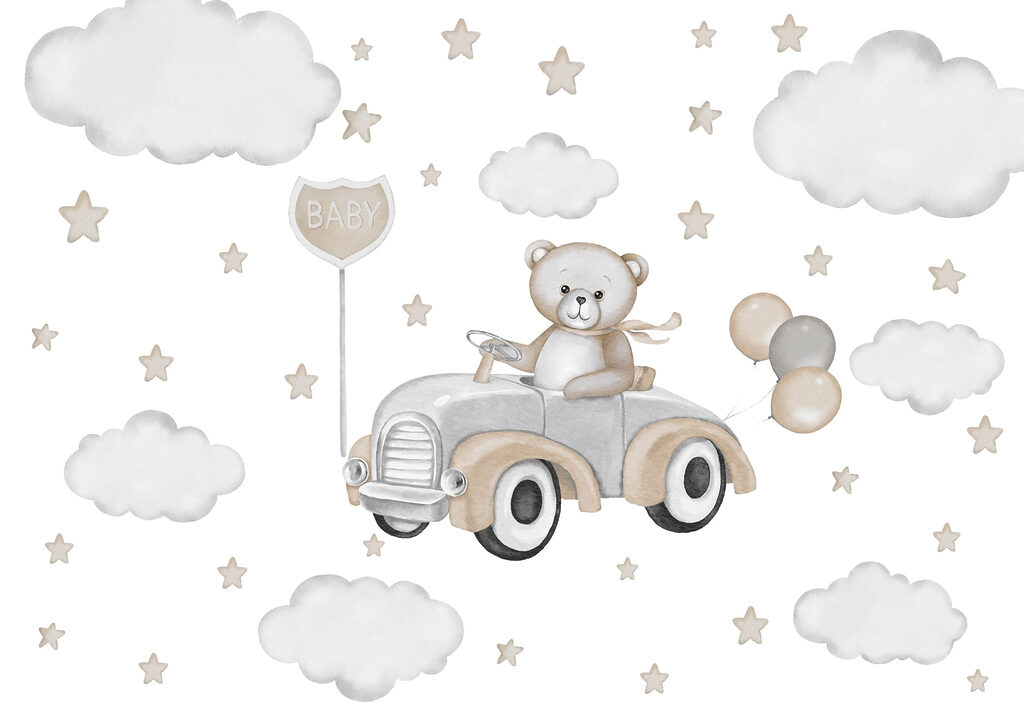 Teddy bear driving a car with balloons
