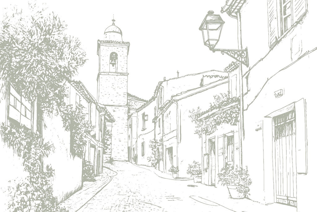 Drawing of a street with buildings and a bell tower Drawing of a street with buildings and a bell tower